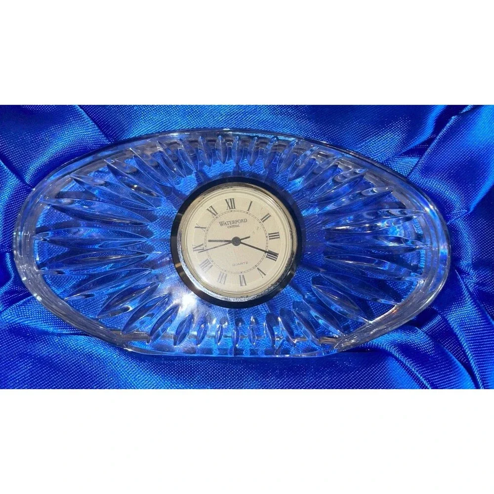 Waterford Crystal Oval Sunburst Desk Clock Quartz Roman Numerals w/ Box